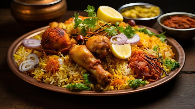 A plate of biryani with a bunch of food