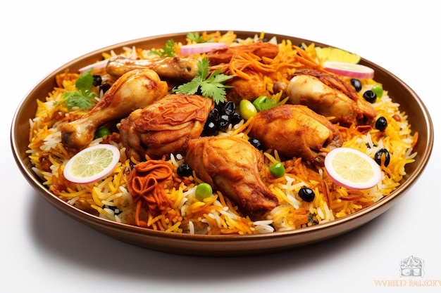 Photo a plate of biryani with a chicken dish on it.