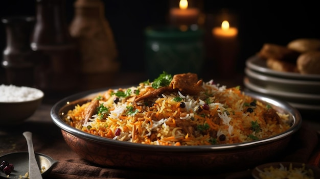 A plate of biryani with a cup of tea on the table