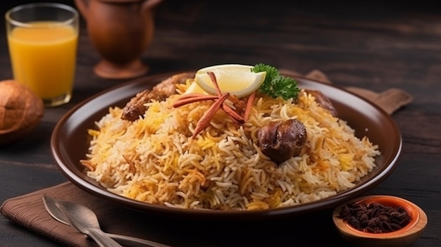 A plate of biryani with a lemon on the top