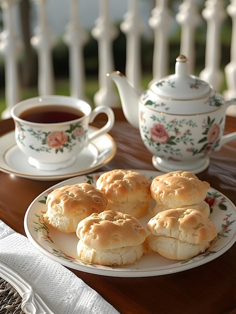 A plate of biscuits beside a cup of tea on the table