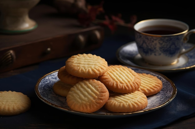 A plate of biscuits with a cup of coffee on the side