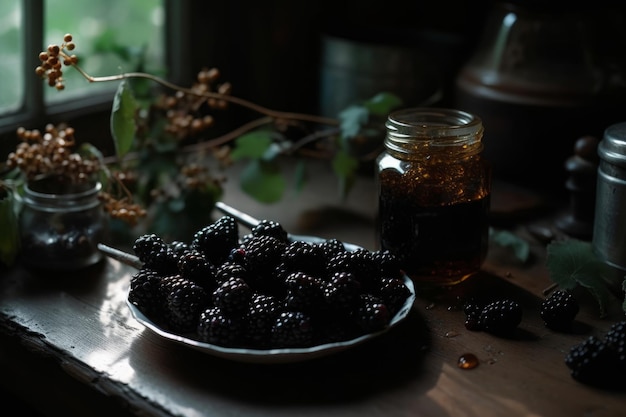 A plate of blackberries sits on a table next to a jar of syrup.