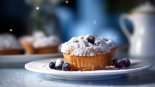 A plate of blueberry muffins with a blueberry on top