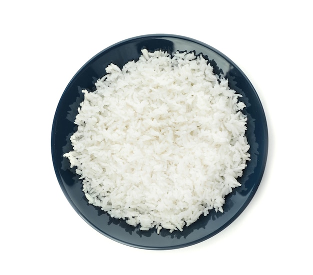 Plate of boiled rice on white background top view