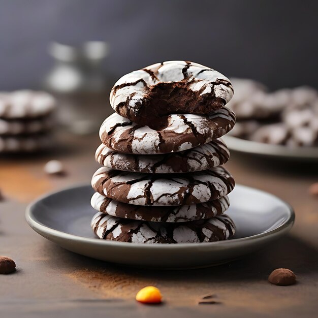 Photo a plate or a bowl of chocolate crinkle cookies ai