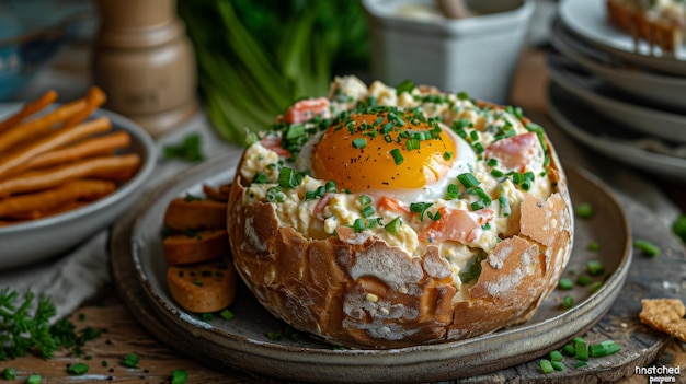 A plate of a bowl filled with food and some chips ai