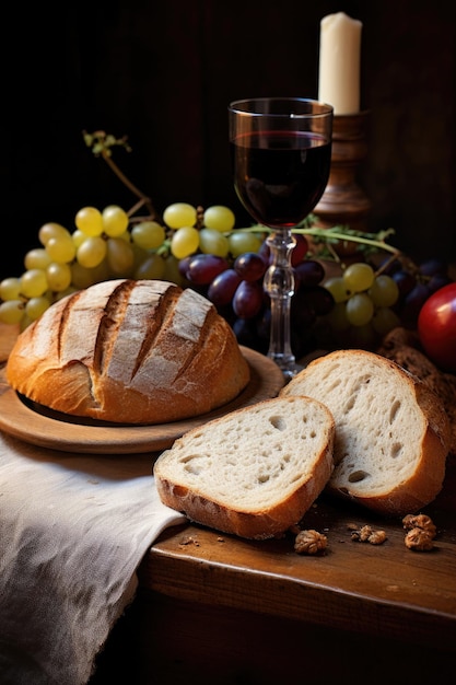 A plate of bread and a glass of wine