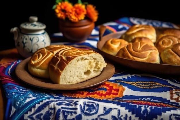 a plate of bread and a pot of flowers