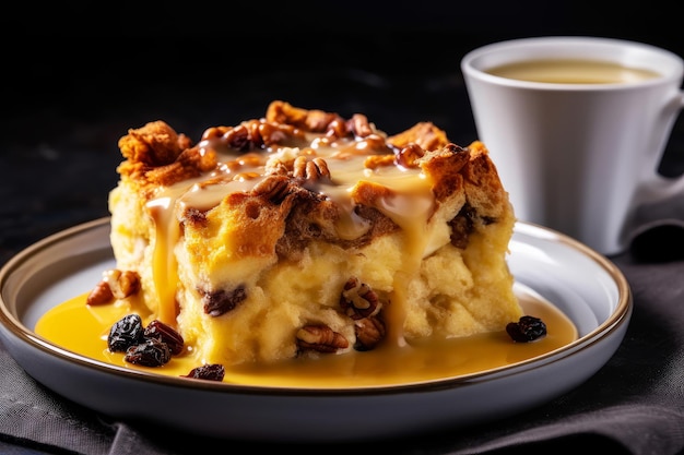 A plate of bread pudding with a cup of coffee on the side