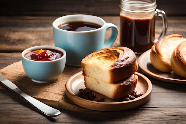 A plate of bread and two cups of coffee on a table with a jar of jam.