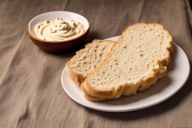 A plate of bread with a bowl of mayonnaise on it