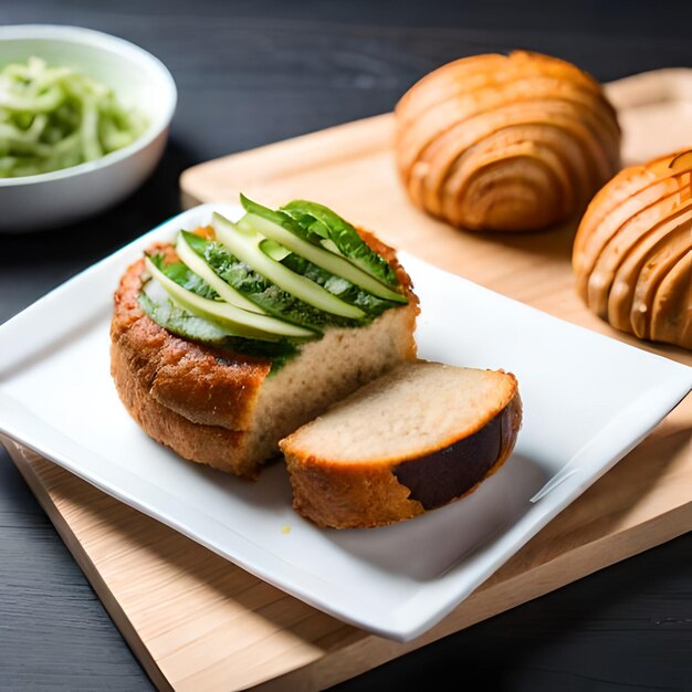 A plate of bread with a slice of cucumber on it