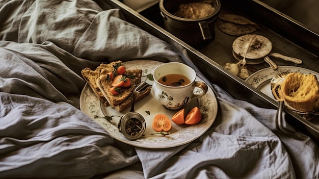 A plate of breakfast on a bed with a cup