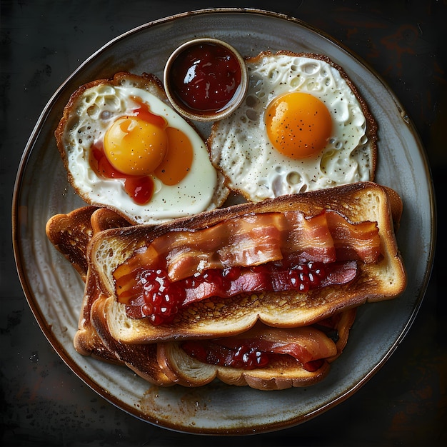 Plate of breakfast food resembling a face with eggs bacon and toast