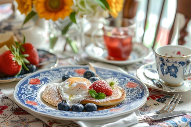 Photo a plate of breakfast food with eggs eggs and flowers