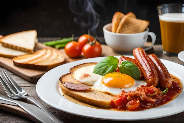 Photo a plate of breakfast food with eggs, sausage, sausage, and bread.