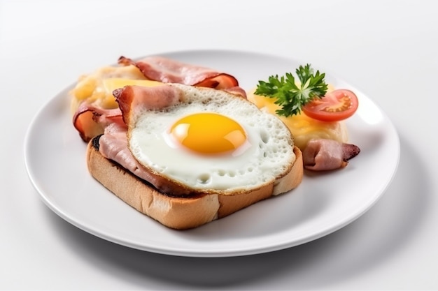 A plate of breakfast food with a fried egg on it.