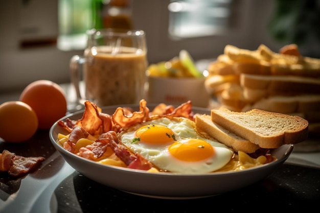 A plate of breakfast with bacon, eggs, toast and coffee