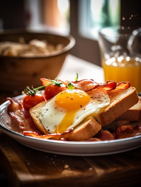 A plate of breakfast with a fried egg and bacon