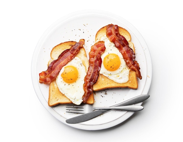 Plate of breakfast with fried eggs bacon and toasts with clipping path