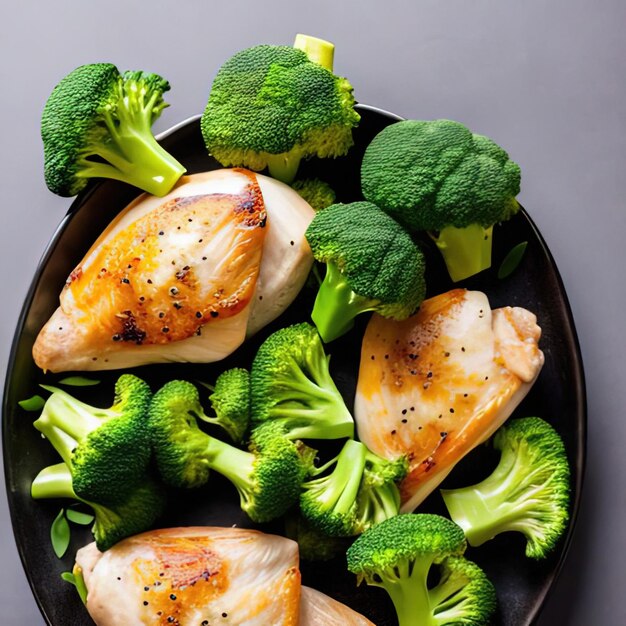 Foto un piatto di broccoli e pollo con un piatto nero di broccolo.