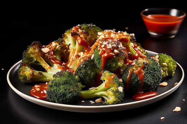 a plate of broccoli with a cup of sauce next to it.