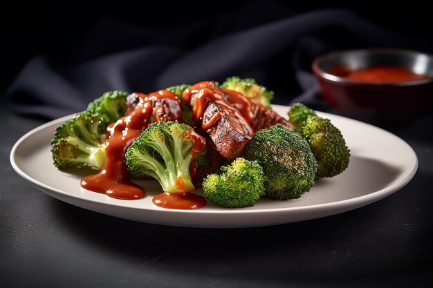 a plate of broccoli with a red sauce on it.