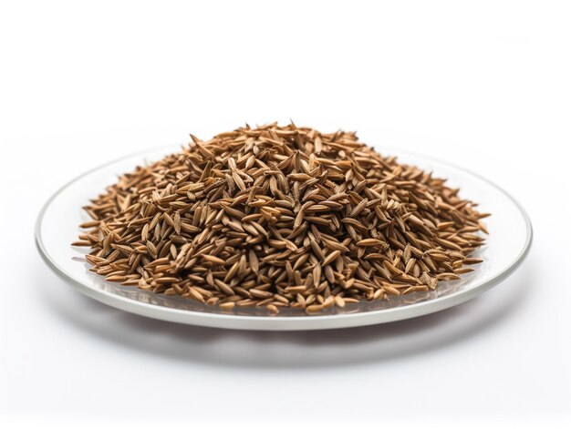 A plate of brown seeds on a white background