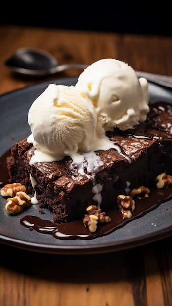 Photo a plate of brownie with ice cream and nuts