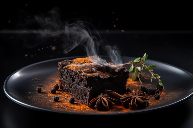 A plate of brownie with a smokey orange smoke