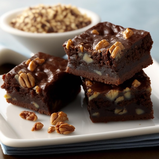 A plate of brownies with a bowl of nuts on it