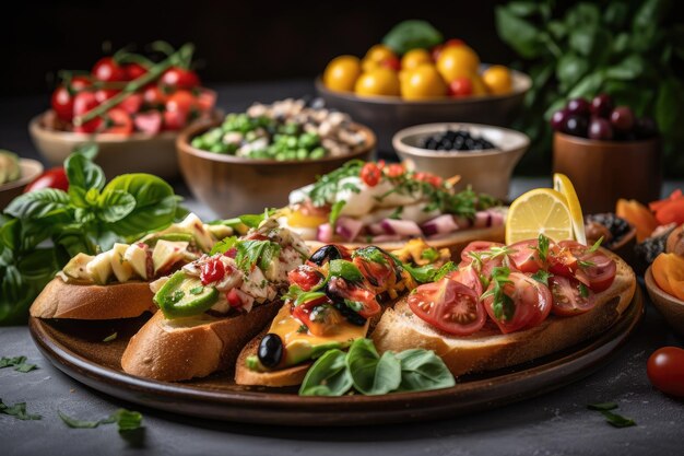 Plate of bruschetta topped with an assortment of fresh ingredients