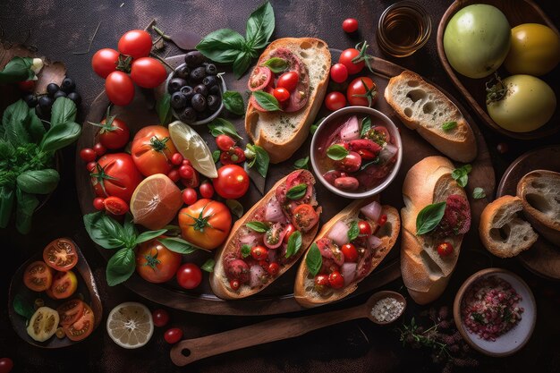 Plate of bruschetta topped with an assortment of fresh ingredients