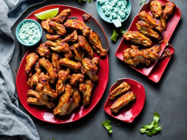 A plate of buffalo wings with a blue bowl of green dip on the side.