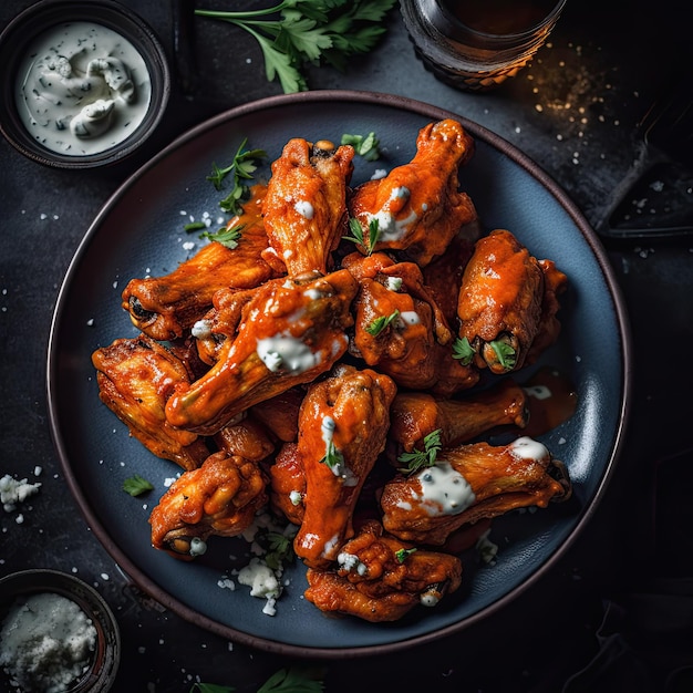 A plate of buffalo wings with a blue plate of ranch dressing.