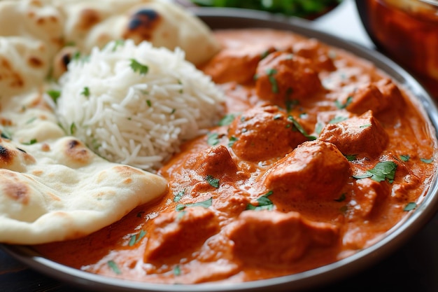 A plate of butter chicken a popular Indian dish made with chicken in a spiced tomatobased sauce The dish is usually served with rice or naan bread