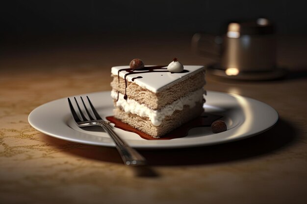 A plate of cake with a fork on it and a flower in the background