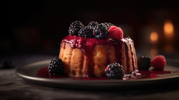 A plate of cake with a red sauce and blackberries on it