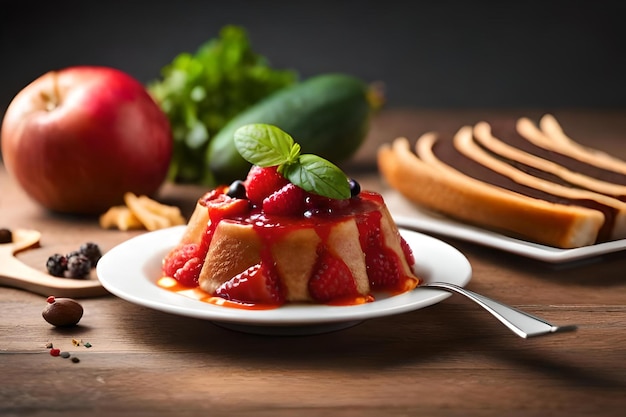 A plate of cake with strawberries and a plate of fruit