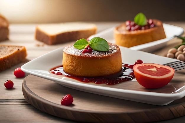 A plate of cakes with a slice of lemon and raspberry sauce.