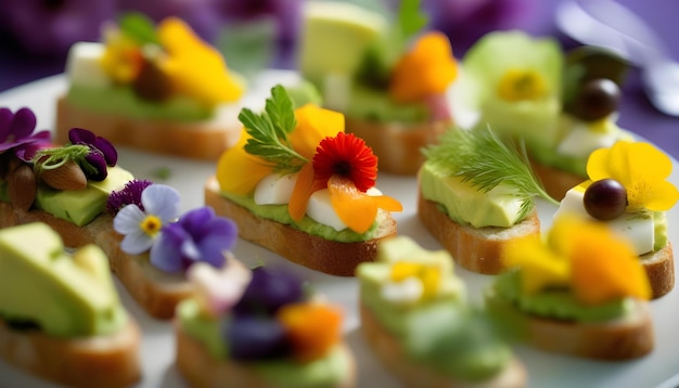 A plate of canapes with avocado paste and edible flowers with a blurred background