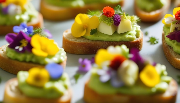 A plate of canapes with avocado paste and edible flowers with a blurred background