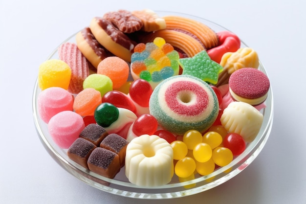 A plate of candy is shown with a variety of candies.