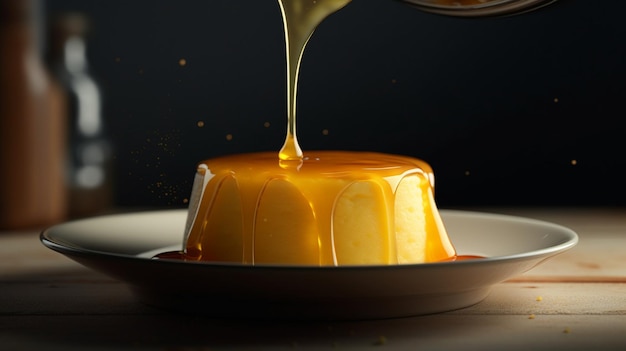 A plate of caramel pudding with a black background