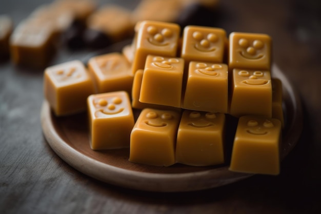 A plate of caramels with a smiley face on the top.