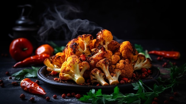 A plate of cauliflower with a smokey background