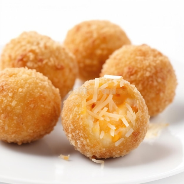 A plate of cheese balls with a bite taken out of it