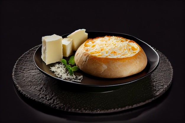 A plate of cheese and bread with a bowl of cheese on it.