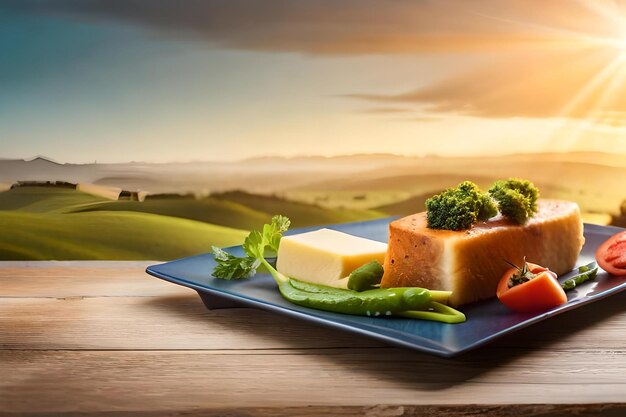 a plate of cheese, broccoli, carrots, and cheese on a wooden table.